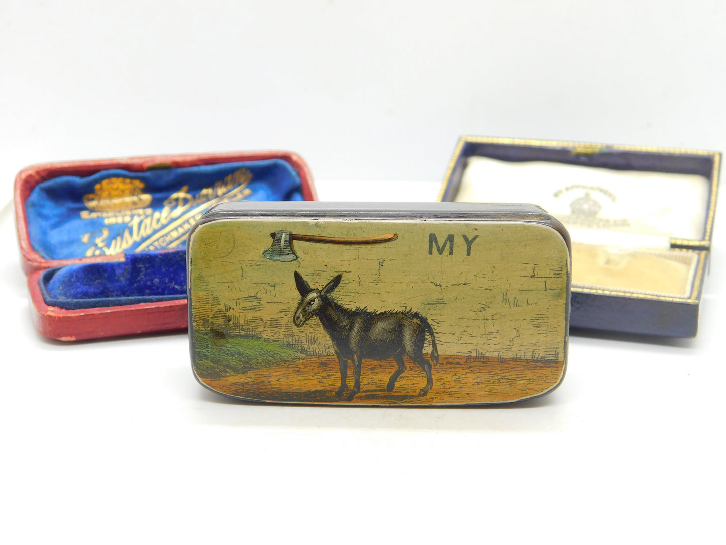 Georgian Papier Mache 'Axe My Ass' Donkey Snuff Box Antique c1820