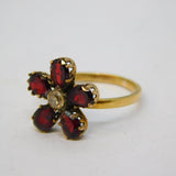 Victorian 9ct Gold, Garnet & 0.1ct Diamond Floral Dress Ring Antique c1860