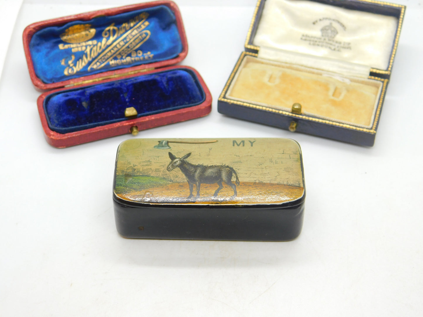 Georgian Papier Mache 'Axe My Ass' Donkey Snuff Box Antique c1820