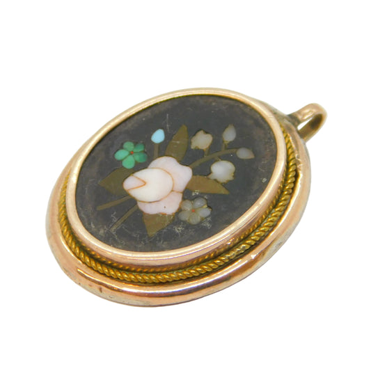 19th Century 9ct Rose Gold Pietra Dura Rose Flower Pendant Antique c1860