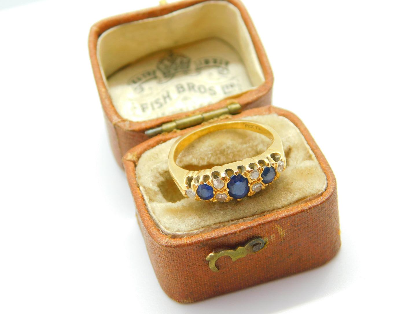 Victorian 18ct Yellow Gold, Sapphire & Diamond Boat Ring c1890 Antique Size J UK