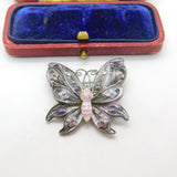 Sterling Silver Pink-Purple Enamel Filigree Butterfly Brooch Antique c1920