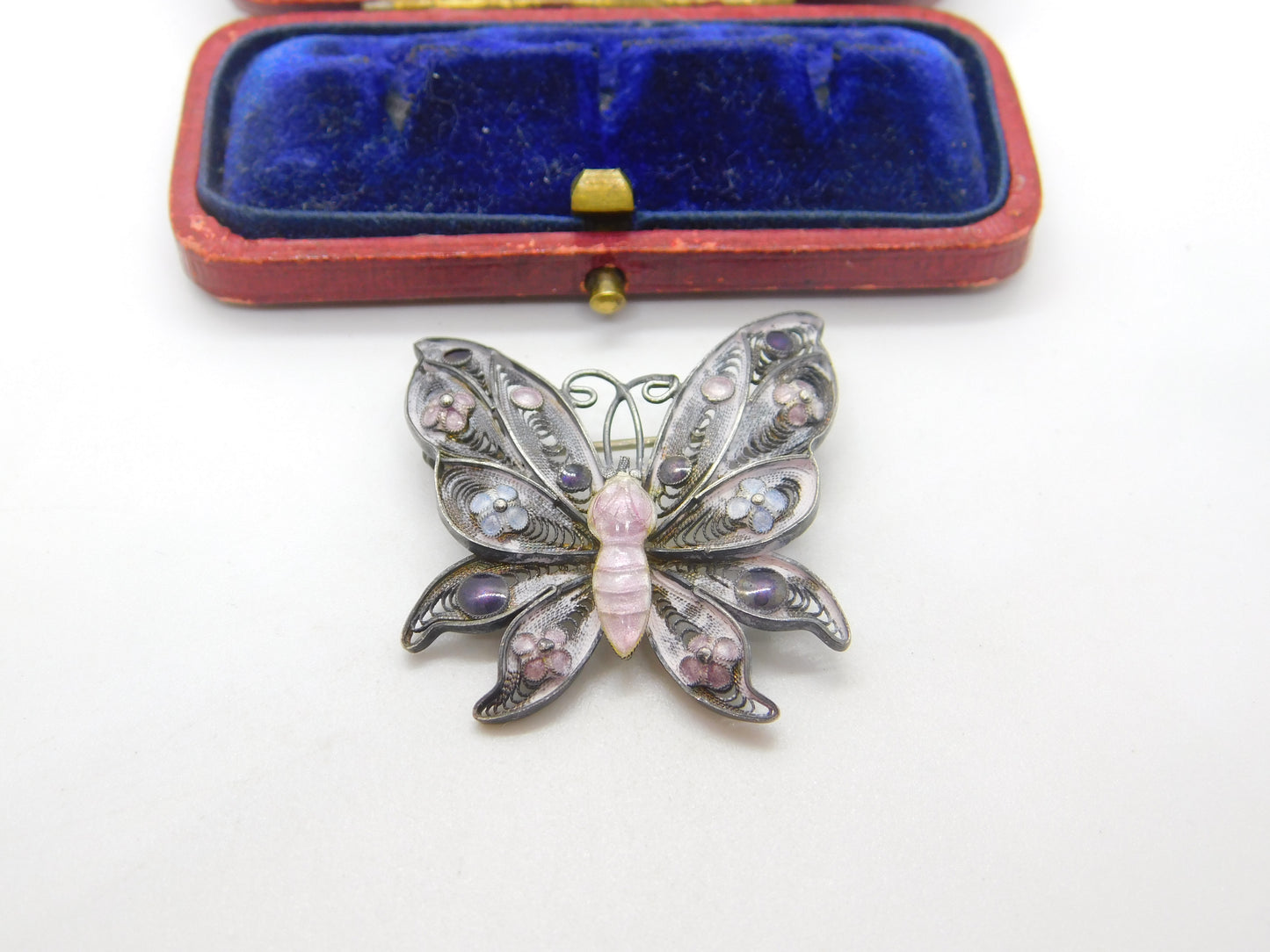 Sterling Silver Pink-Purple Enamel Filigree Butterfly Brooch Antique c1920