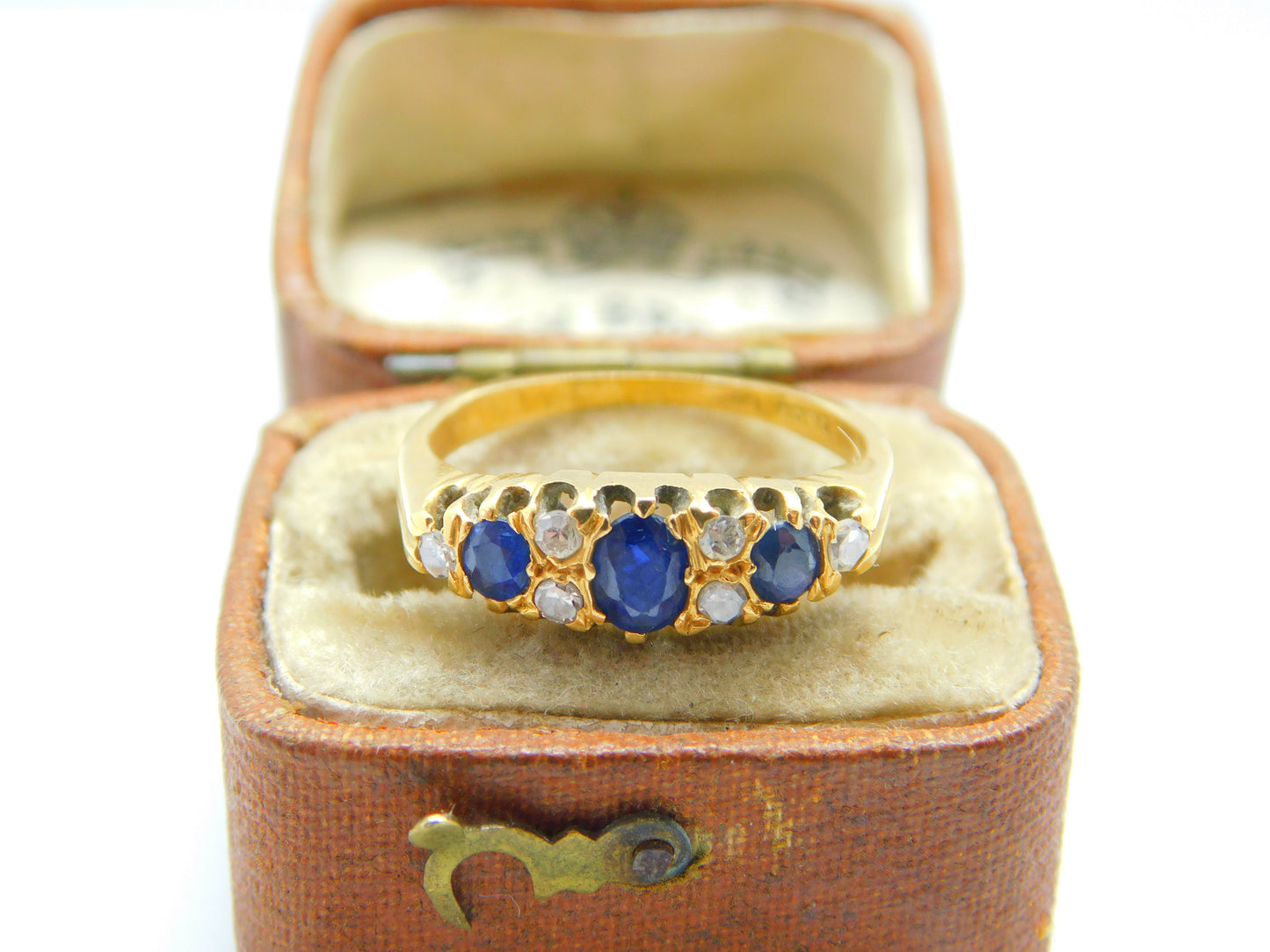 Victorian 18ct Yellow Gold, Sapphire & Diamond Boat Ring c1890 Antique Size J UK