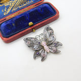 Sterling Silver Pink-Purple Enamel Filigree Butterfly Brooch Antique c1920