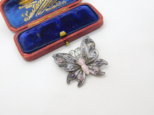 Sterling Silver Pink-Purple Enamel Filigree Butterfly Brooch Antique c1920