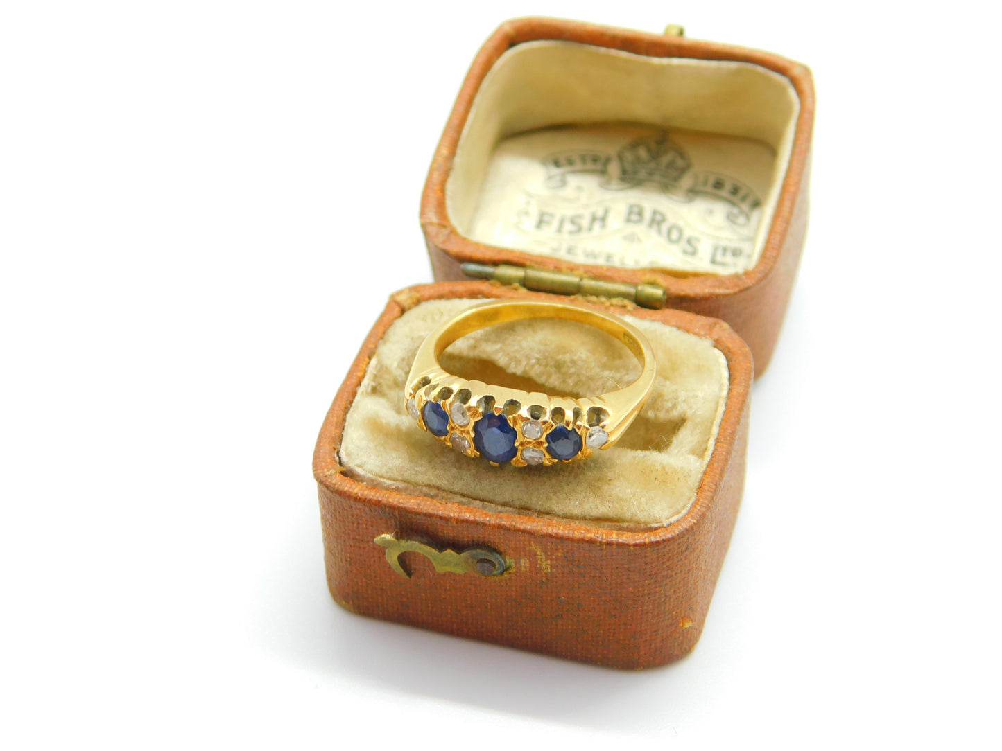 Victorian 18ct Yellow Gold, Sapphire & Diamond Boat Ring c1890 Antique Size J UK