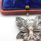 Sterling Silver Pink-Purple Enamel Filigree Butterfly Brooch Antique c1920