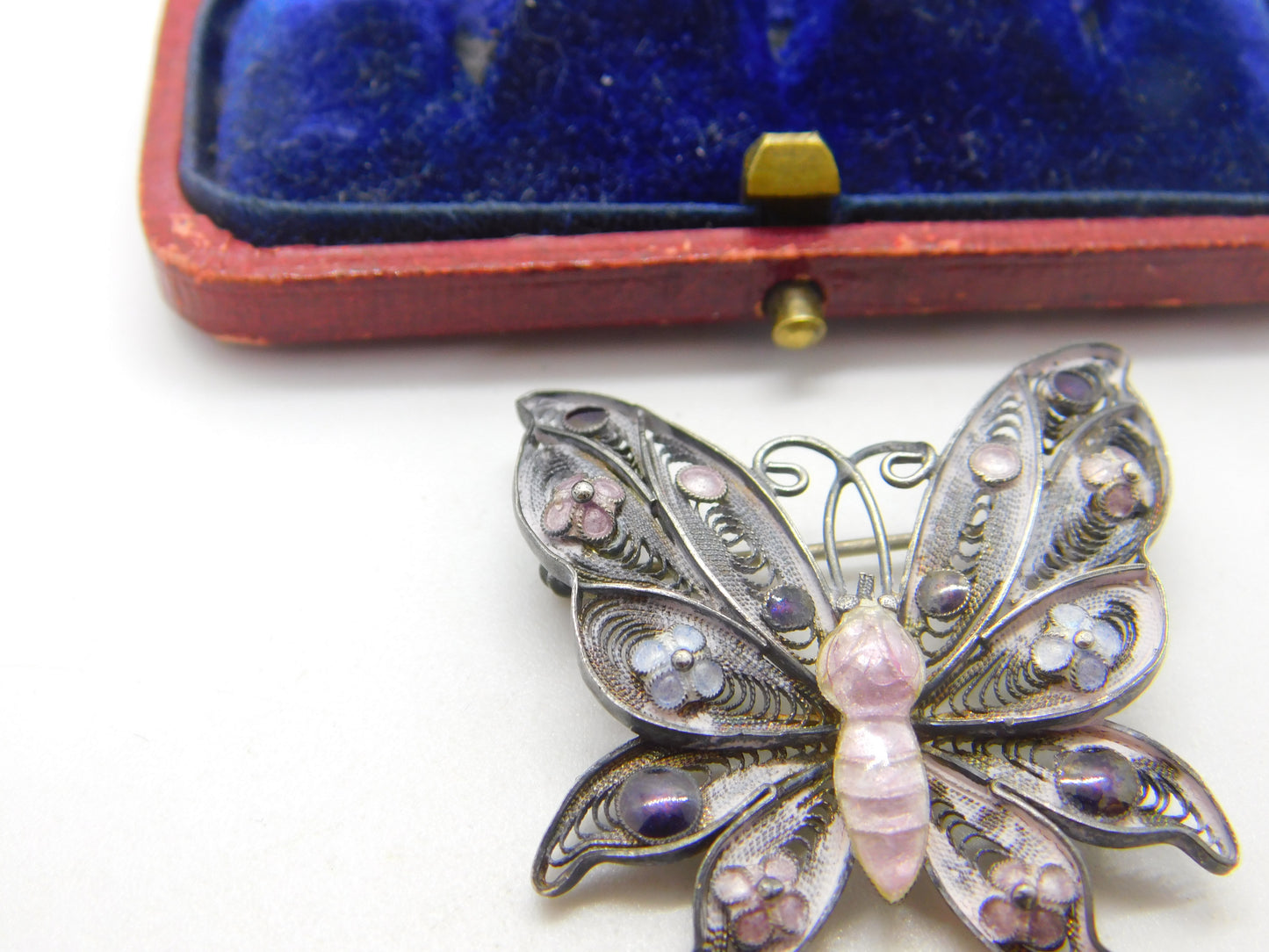 Sterling Silver Pink-Purple Enamel Filigree Butterfly Brooch Antique c1920