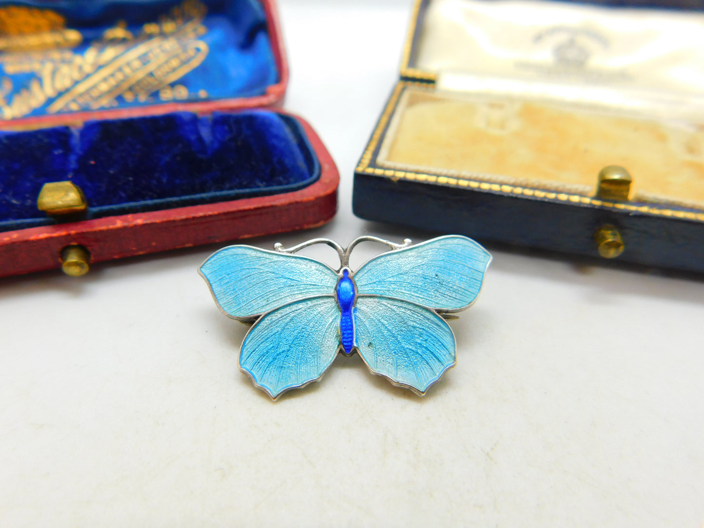 Guilloche Enamel Sterling Silver Butterfly Brooch Pin by J Aitkin & Sons Antique