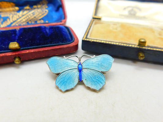 Guilloche Enamel Sterling Silver Butterfly Brooch Pin by J Aitkin & Sons Antique