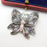 Sterling Silver Pink-Purple Enamel Filigree Butterfly Brooch Antique c1920
