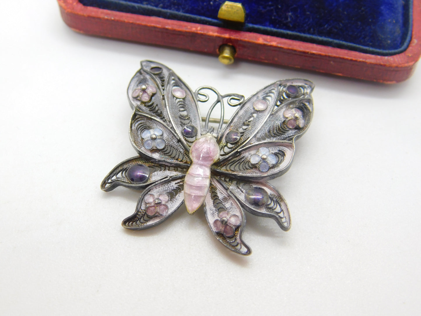 Sterling Silver Pink-Purple Enamel Filigree Butterfly Brooch Antique c1920