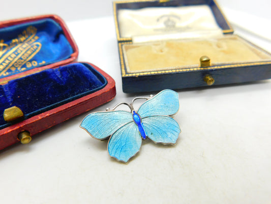 Guilloche Enamel Sterling Silver Butterfly Brooch Pin by J Aitkin & Sons Antique