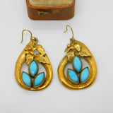 Victorian Pinchbeck Floral Drop Earrings with Turquoise Antique c1880