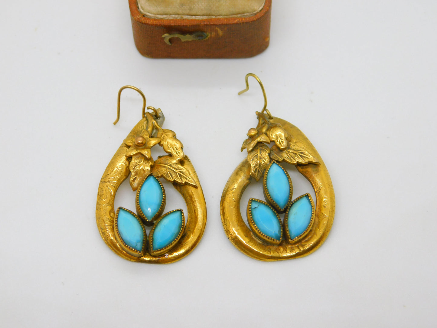 Victorian Pinchbeck Floral Drop Earrings with Turquoise Antique c1880