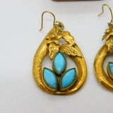 Victorian Pinchbeck Floral Drop Earrings with Turquoise Antique c1880