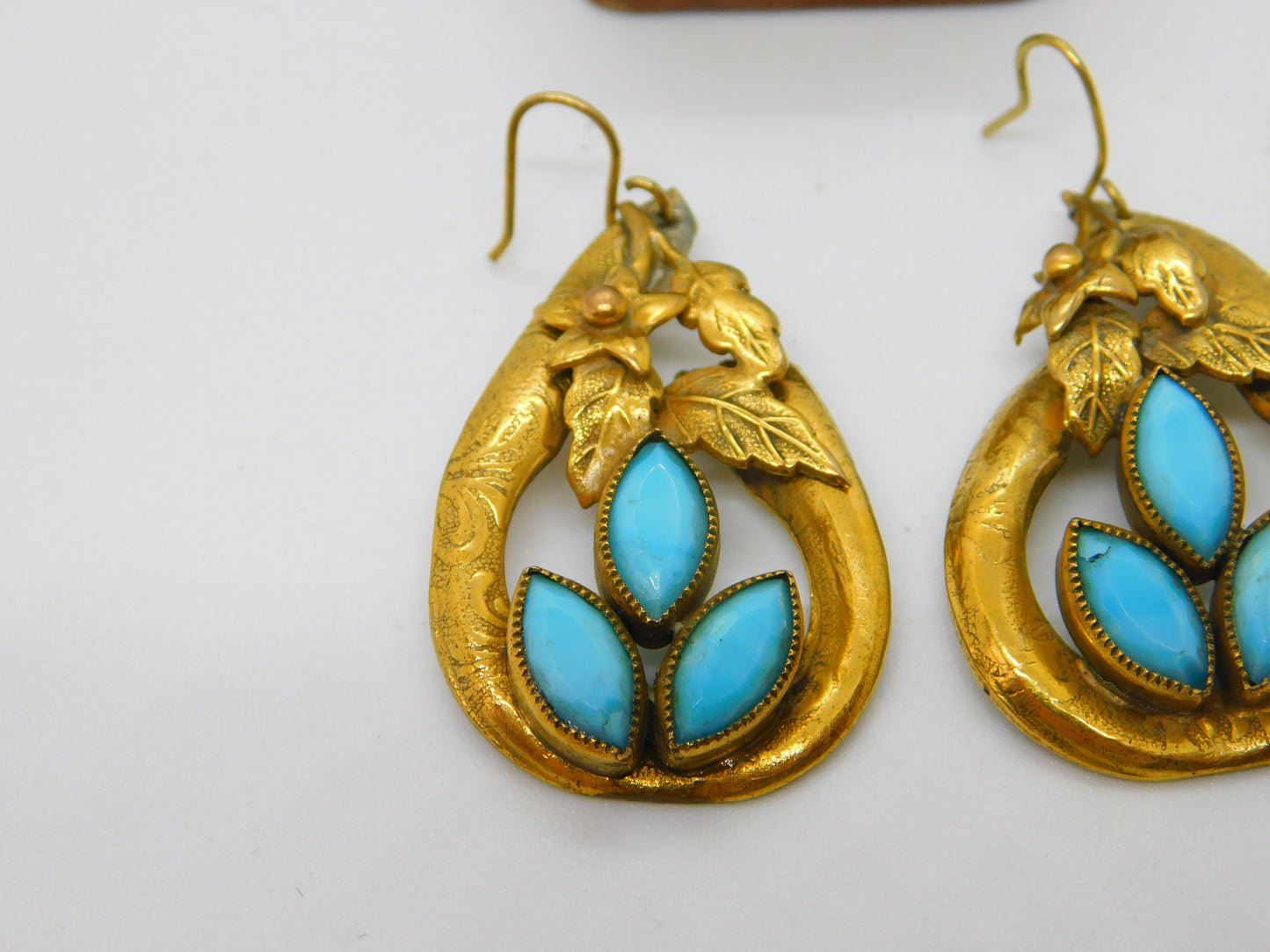 Victorian Pinchbeck Floral Drop Earrings with Turquoise Antique c1880