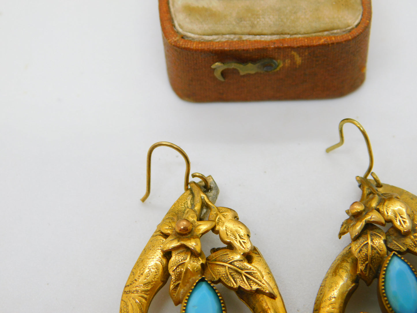 Victorian Pinchbeck Floral Drop Earrings with Turquoise Antique c1880