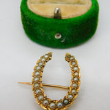 Victorian 18ct Yellow Gold & Seed Pearl Set Horseshoe Brooch Antique c1860