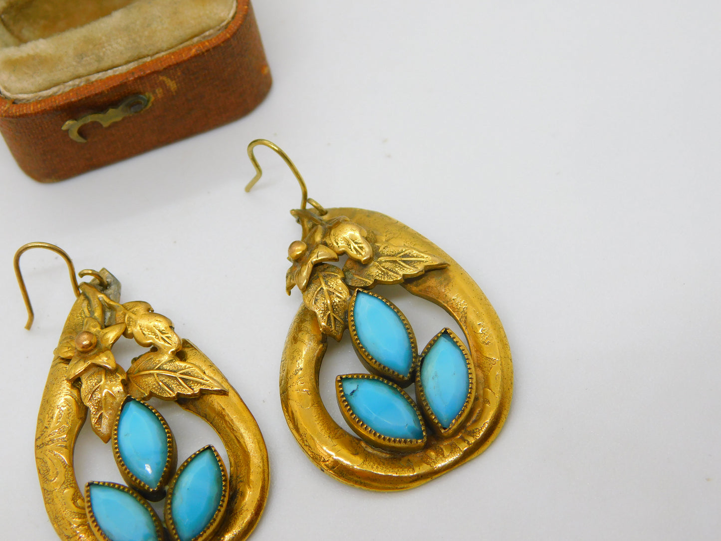 Victorian Pinchbeck Floral Drop Earrings with Turquoise Antique c1880