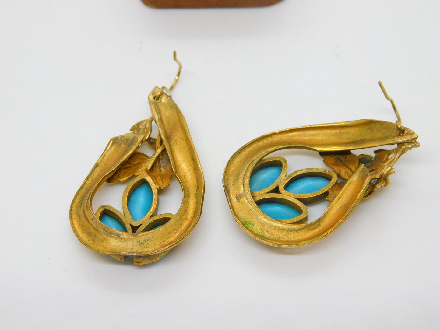 Victorian Pinchbeck Floral Drop Earrings with Turquoise Antique c1880