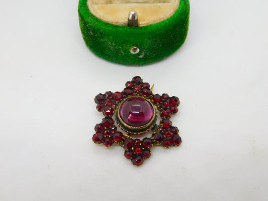 19th Century Austrian 8ct Gold & Bohemian Garnet Floral Brooch Antique c1850