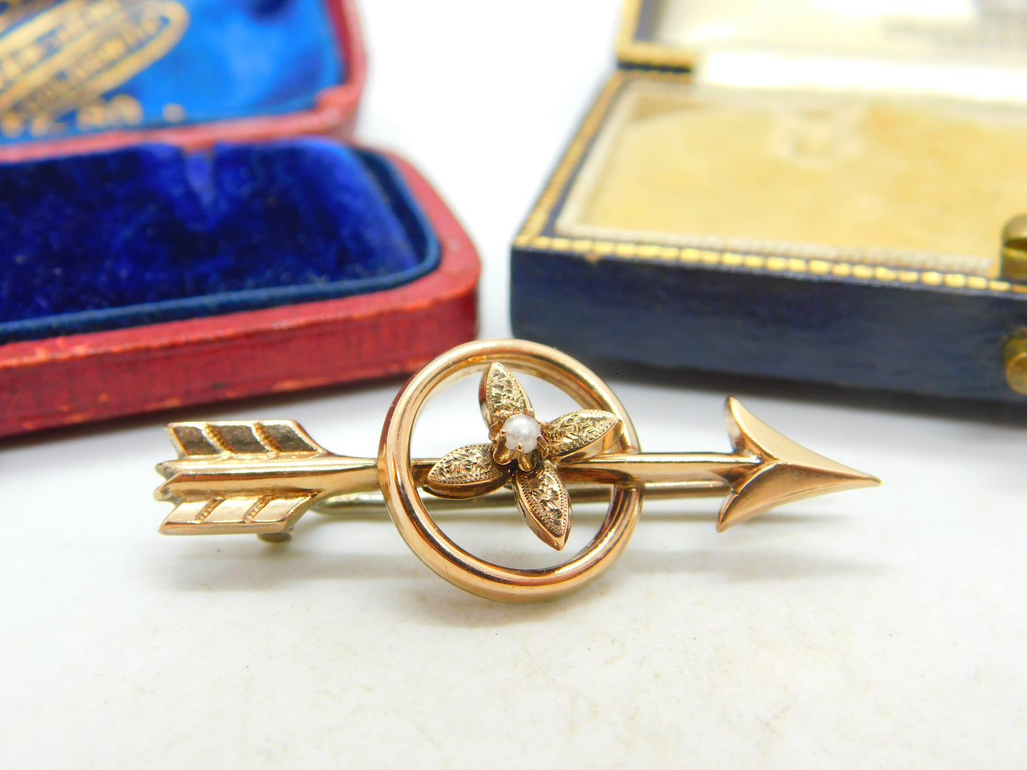 Arrow and Seed Pearl Flower 14ct Gold Brooch Pin Antique Victorian c1890