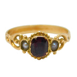 Victorian 9ct Yellow Gold, Garnet & Seed Pearl Dress Ring Antique c1860