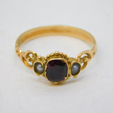 Victorian 9ct Yellow Gold, Garnet & Seed Pearl Dress Ring Antique c1860