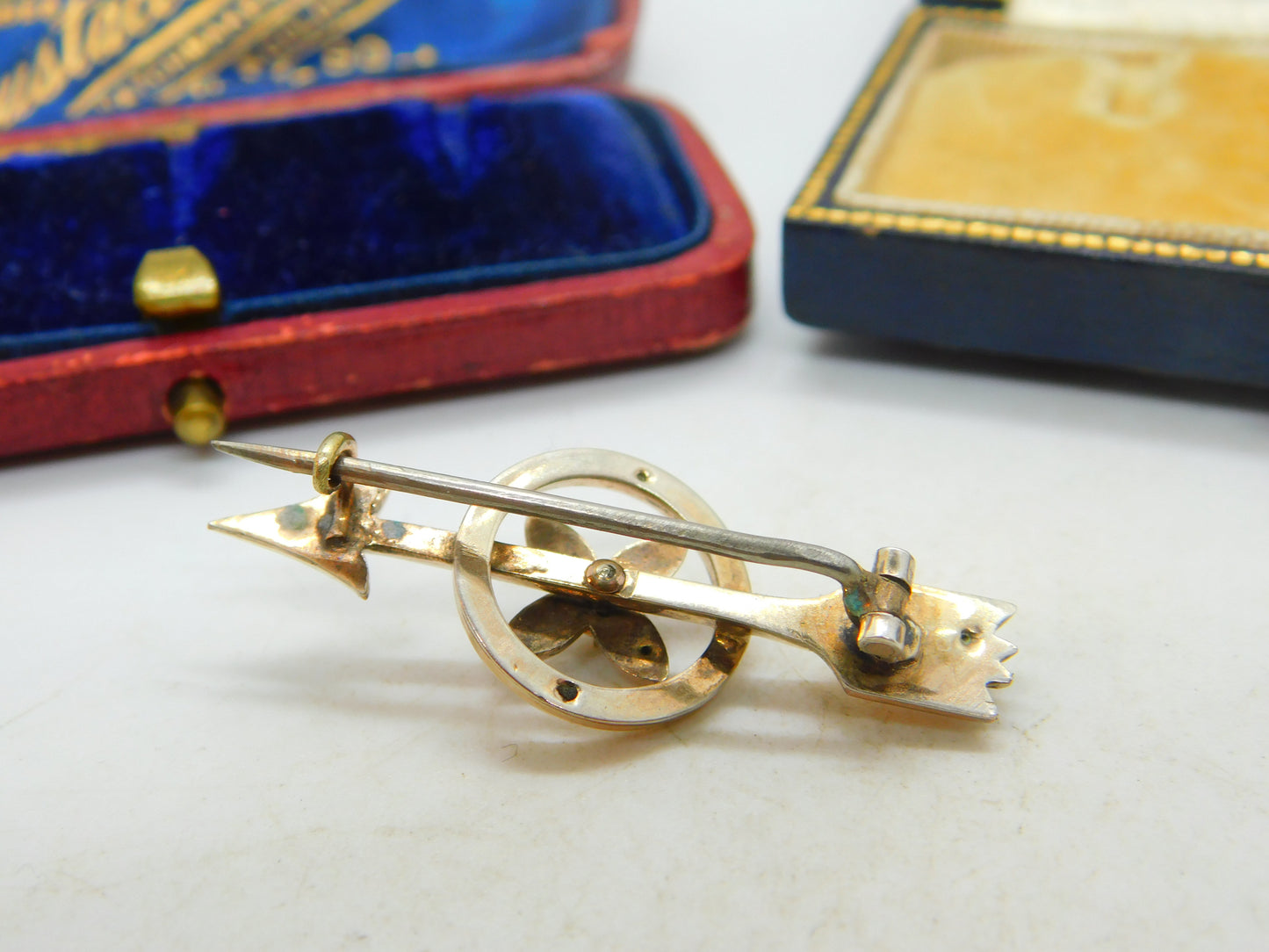 Arrow and Seed Pearl Flower 14ct Gold Brooch Pin Antique Victorian c1890