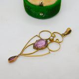 Edwardian 9ct Gold, Amethyst & Pearl Lavalier Drop Pendant Antique c1910