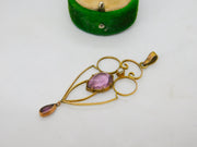 Edwardian 9ct Gold, Amethyst & Pearl Lavalier Drop Pendant Antique c1910