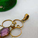 Edwardian 9ct Gold, Amethyst & Pearl Lavalier Drop Pendant Antique c1910