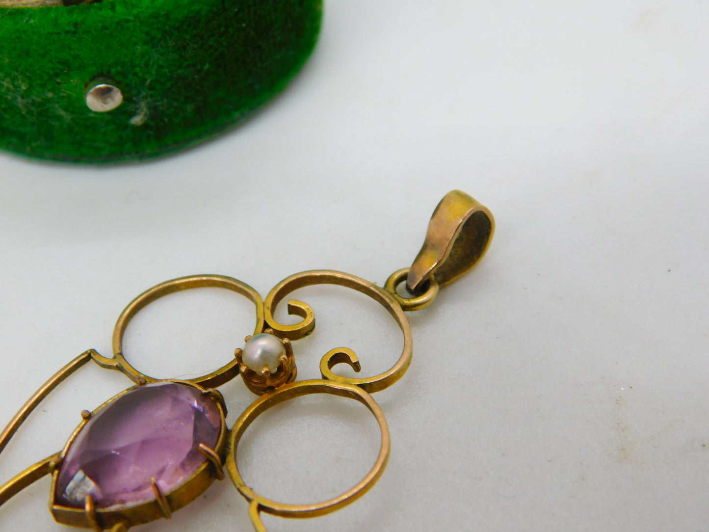 Edwardian 9ct Gold, Amethyst & Pearl Lavalier Drop Pendant Antique c1910