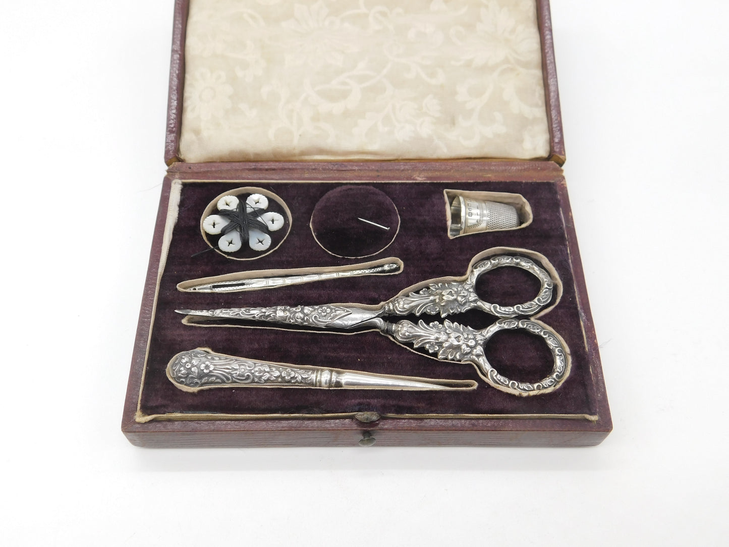 Victorian Boxed Sterling Silver Etui Sewing Set with Original Tools c1890