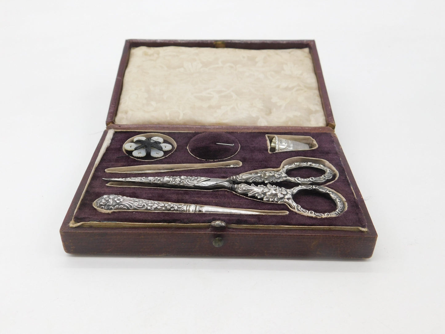 Victorian Boxed Sterling Silver Etui Sewing Set with Original Tools c1890