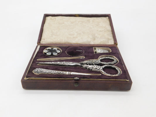 Victorian Boxed Sterling Silver Etui Sewing Set with Original Tools c1890