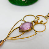 Edwardian 9ct Gold, Amethyst & Pearl Lavalier Drop Pendant Antique c1910