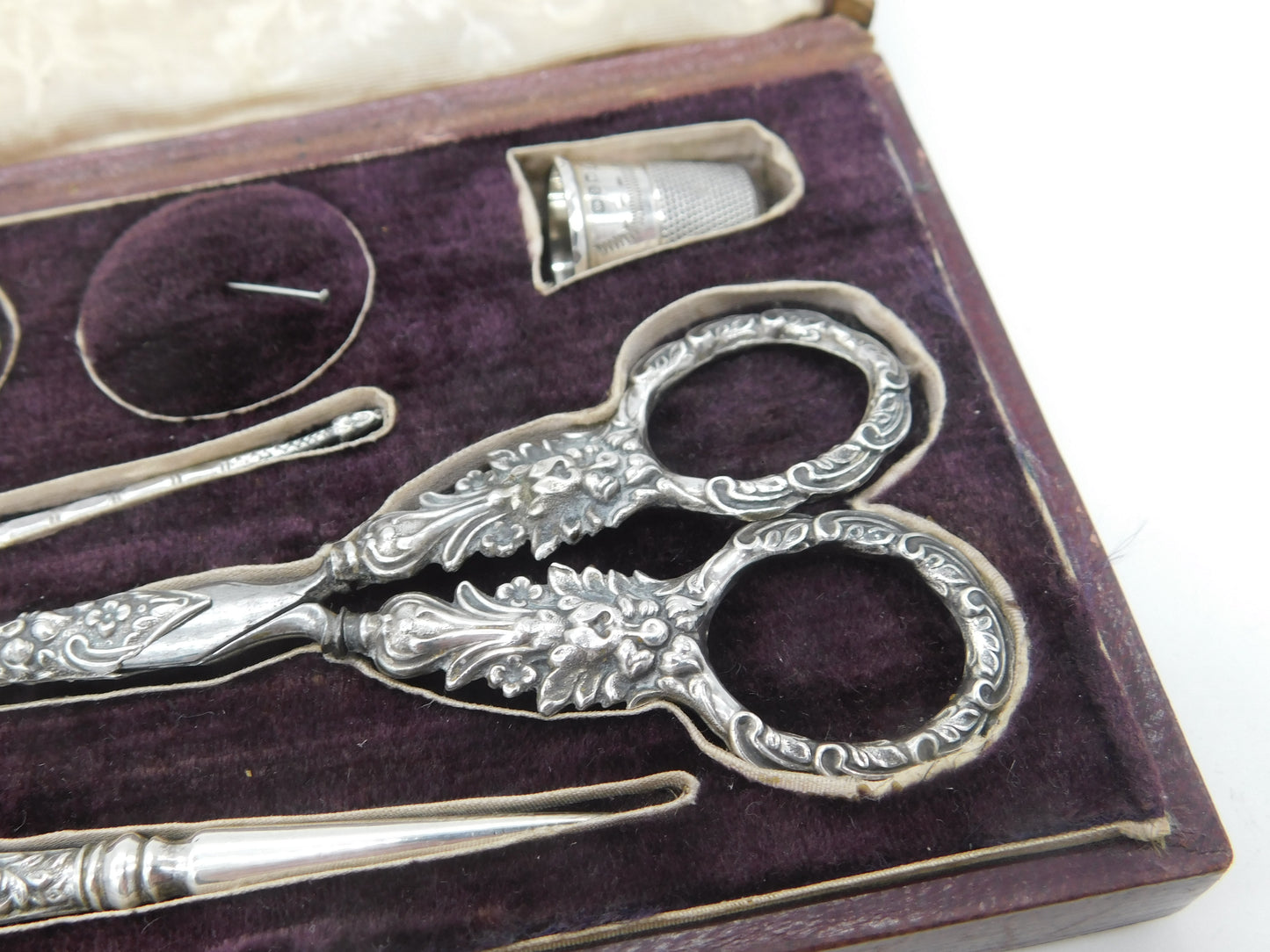 Victorian Boxed Sterling Silver Etui Sewing Set with Original Tools c1890