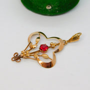 Edwardian 9ct Rose Gold & Red Paste Set Lavalier Drop Pendant Antique c1910