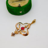 Edwardian 9ct Rose Gold & Red Paste Set Lavalier Drop Pendant Antique c1910