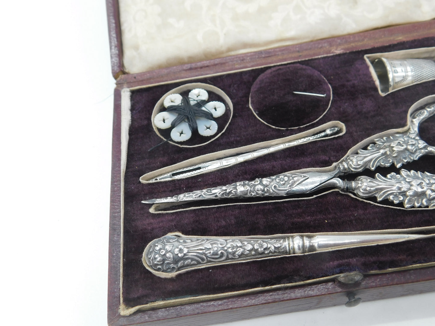 Victorian Boxed Sterling Silver Etui Sewing Set with Original Tools c1890