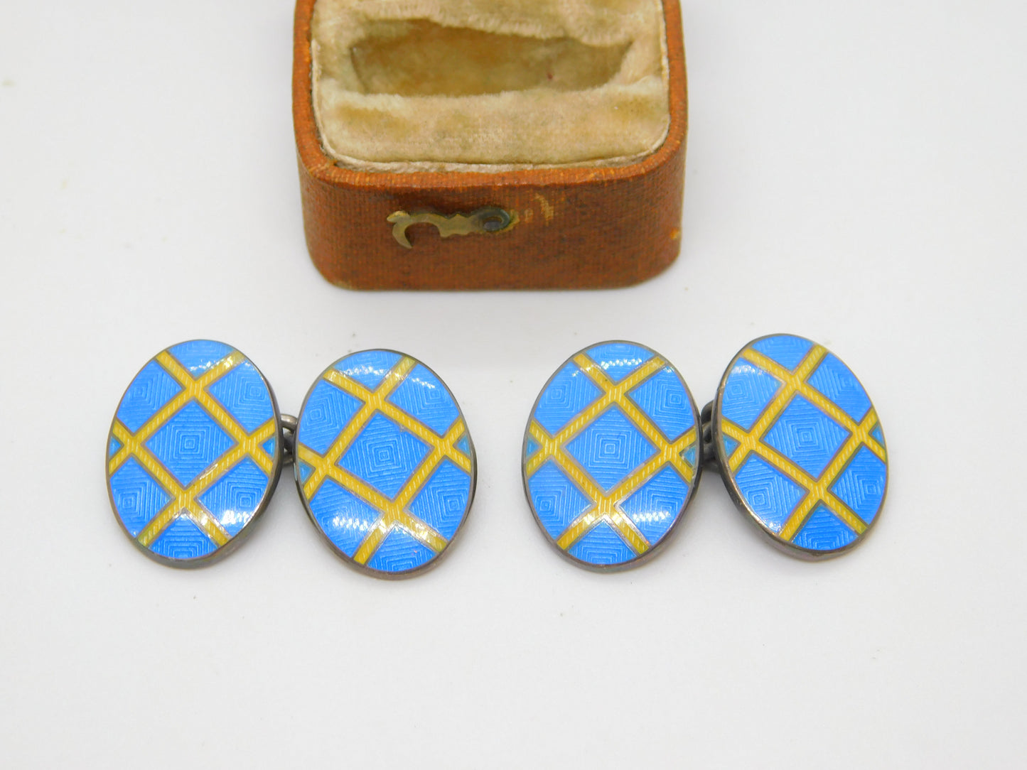 Ralph Lauren Sterling Silver Blue-Yellow Enamel Tweed Cufflinks 2003 London