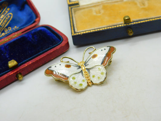 Norwegian Guilloche Enamel Sterling Silver Butterfly by Hroar Prydz Vintage 1950