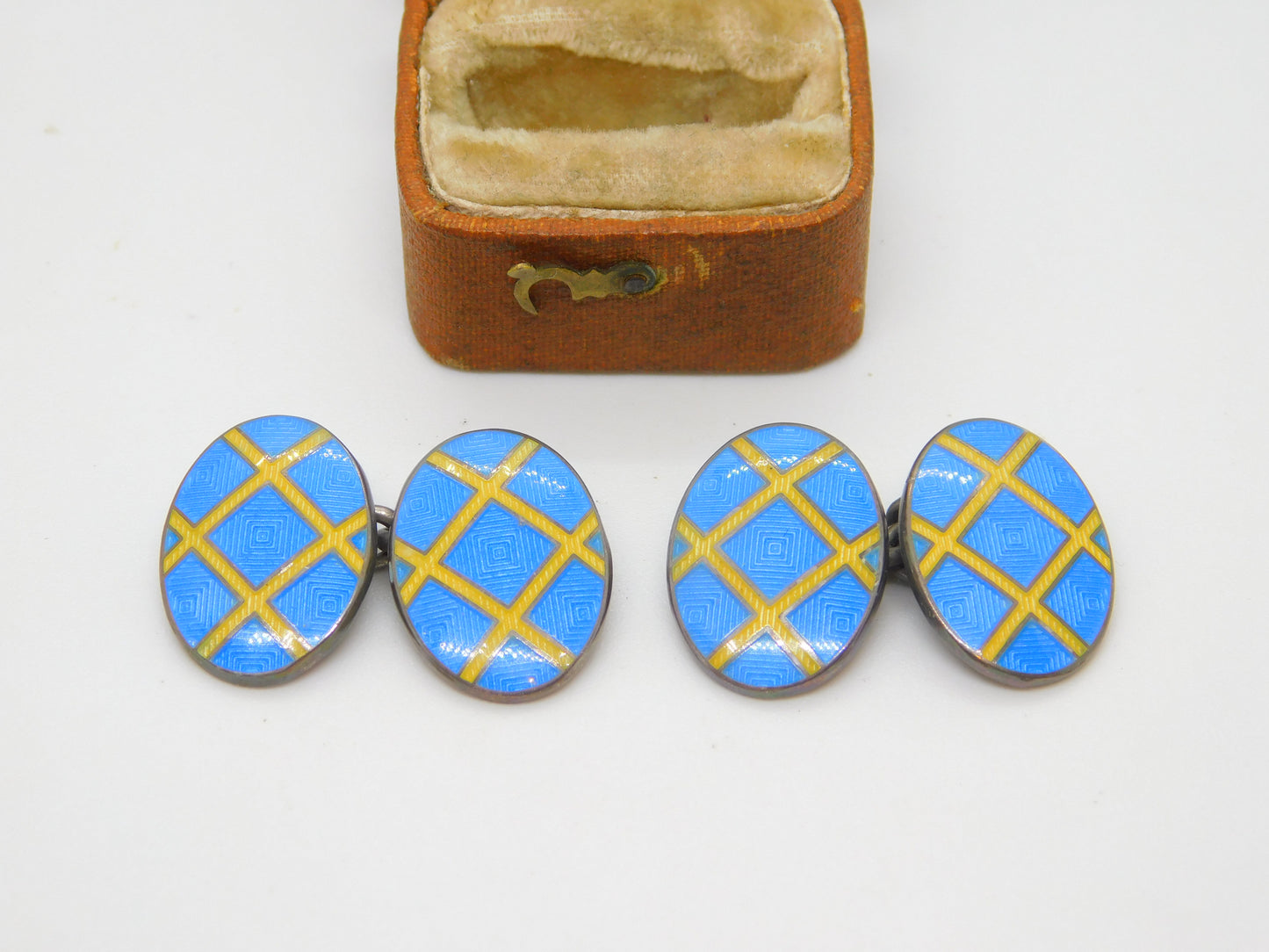 Ralph Lauren Sterling Silver Blue-Yellow Enamel Tweed Cufflinks 2003 London