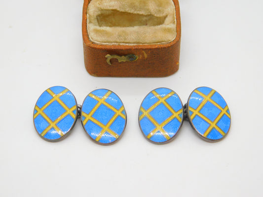 Ralph Lauren Sterling Silver Blue-Yellow Enamel Tweed Cufflinks 2003 London