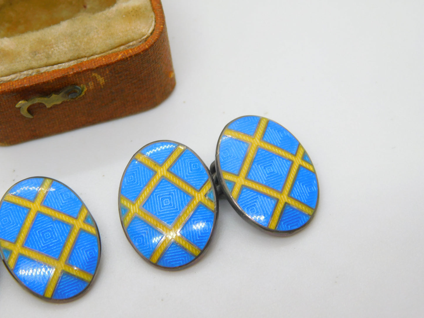 Ralph Lauren Sterling Silver Blue-Yellow Enamel Tweed Cufflinks 2003 London