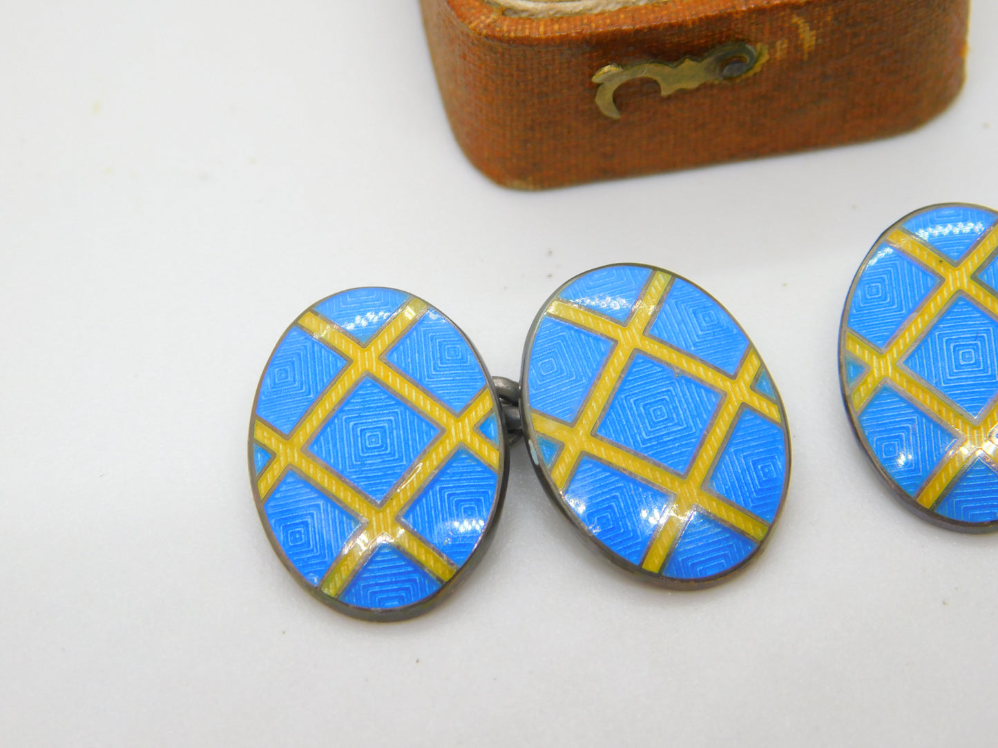 Ralph Lauren Sterling Silver Blue-Yellow Enamel Tweed Cufflinks 2003 London