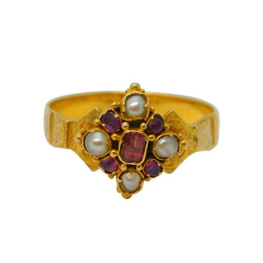Victorian 18ct Yellow Gold, Ruby & Pearl Set Floral Dress Ring Antique c1860
